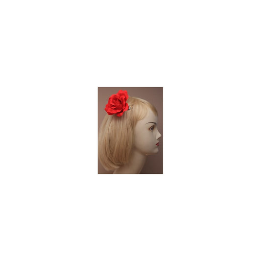 Hair Clip Flower - Large Red Fabric Rose On A Forked Clip